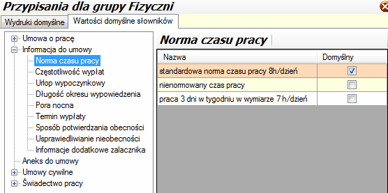 Grupy pracownicze - wartości domyślne słowników.