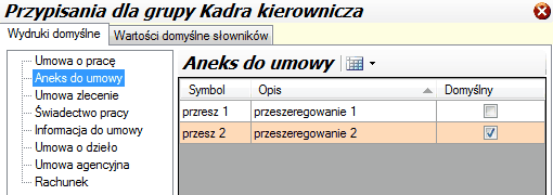 Grupy pracownicze - wydruki domyślne.