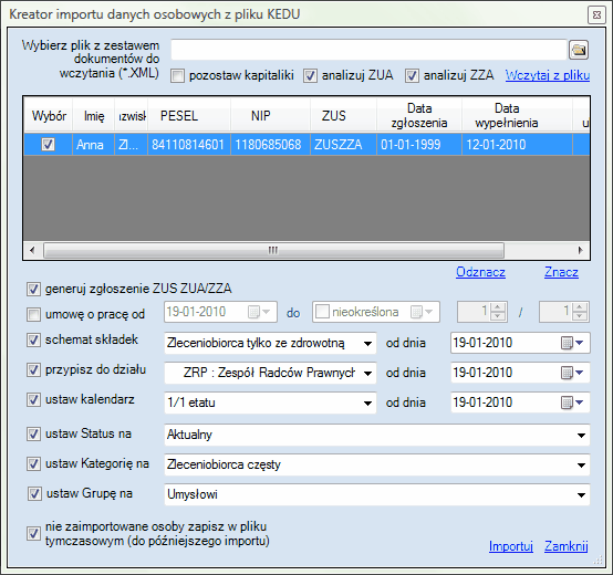 Okno kreatora importu danych osobowych z pliku KEDU - zawartość pliku tymczasowego.