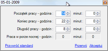 Okno modyfikacji normy czasu pracy dla konkretnego dnia.