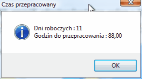 Okno informacji wywołane funkcją "pokaż dostepny opis" dla zaznaczonych dni.
