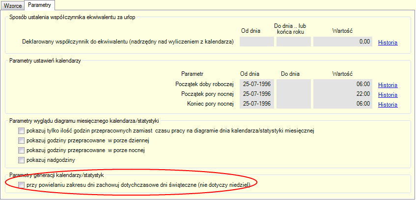 Kalendarze czasu pracy. Zakładka "Parametry"