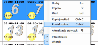 Funkcja "Powiel rozkład" na zaznaczone dni.