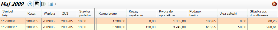 Karta podatkowa - okno poziomu 3. Rozbicie skladników na poszczególne listy w danym miesiącu.