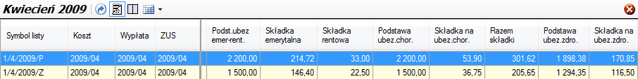 Karta ubezpieczeniowa - okno poziomu 3. Rozbicie skladników na poszczególne listy w danym miesiącu.