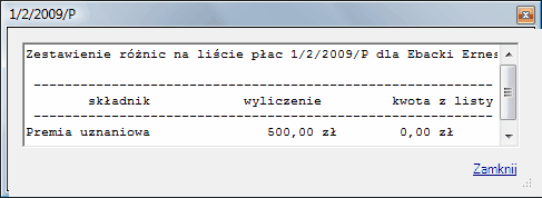 Kartoteka wynagrodzeń - okno info pokazujące różnice naliczeń na liście "F9"
