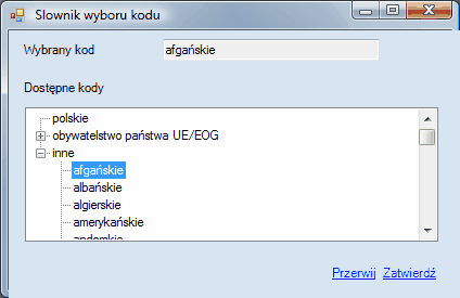 Okno wyboru kodu obywatelstwa.
