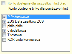 Konto bankowe dostepne dla wybranych typów list płac i zasiłkowych.