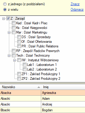 Kontrolka wyboru działu/działów - otrzujemy listę pracowników do nich przypisanych.