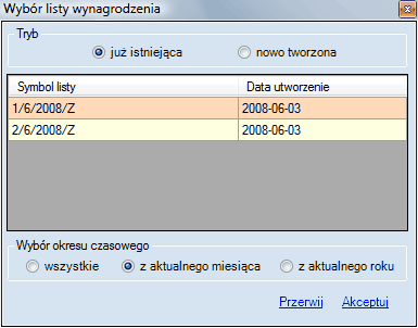 Kontrolka wyboru listy wynagrodzeń - już istniejąca lista rachunków Kontrolka wyboru listy wynagrodzeń - już istniejąca lista rachunków