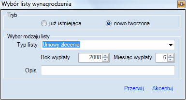 Kontrolka wyboru listy wynagrodzeń - nowo tworzona lista rachunków