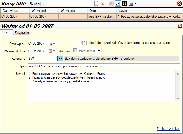 Kursy BHP - okno główne i szczegółowe