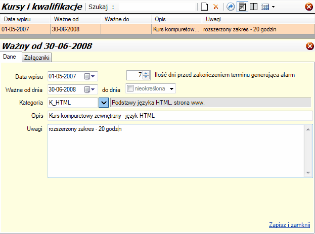 Kursy i kwalifikacje - okno główne i szczegółowe.