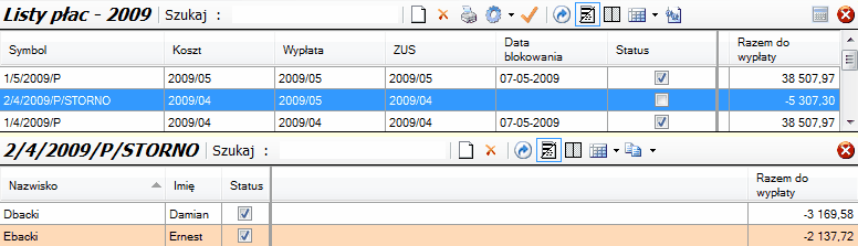 Lista płac/zasilkowa- lista STORNO