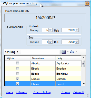 Lista płac/zasiłkowa - okno dialogowe tworzenia listy STORNO