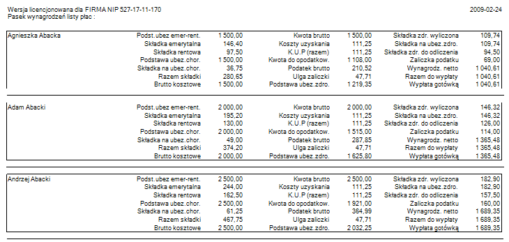 Lista zbiorcza - podgląd wydruku pasków listy zbiorczej