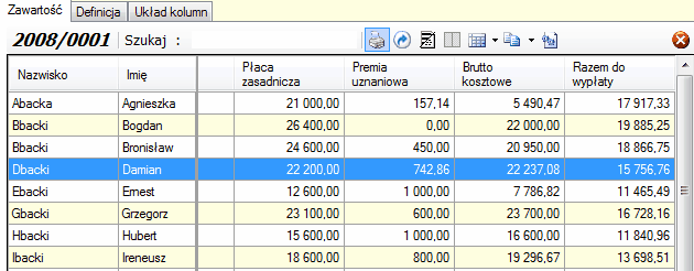 Lista zbiorcza - zakładka "Zawartość".