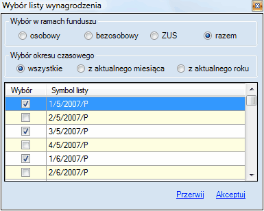 Kontrolka wyboru pozycji do Listy Zbiorczej (kasowej)