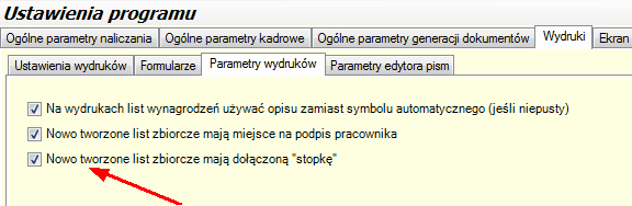 Parametr wydruku "stopka listy" ustalany zbiorczo dla wszystkich nowo tworzonych list zbiorczych.