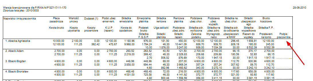 Kolumna "Podpis pracownika" na wydruku listy zbiorczej.