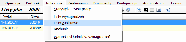 Menu główne - okno podrzędne