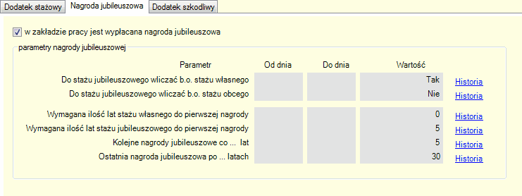 Parametry naliczania. Zakładka "Nagroda jubileuszowa"