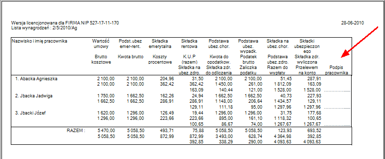 Kolumna "Podpis pracownika" na wydruku np. rachunku do umowy agencyjnej.