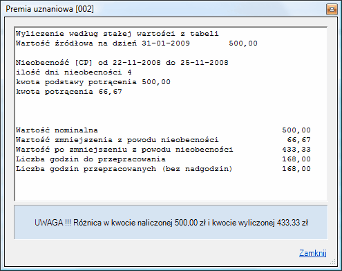 Okno - sposób wyliczenia składnika "Premia uznaniowa"