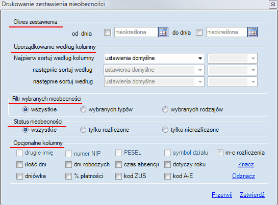 Okno drukowania zestawienia nieobecności.