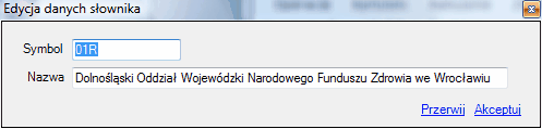 Oddziały NFZ - okno edycji danych słownika