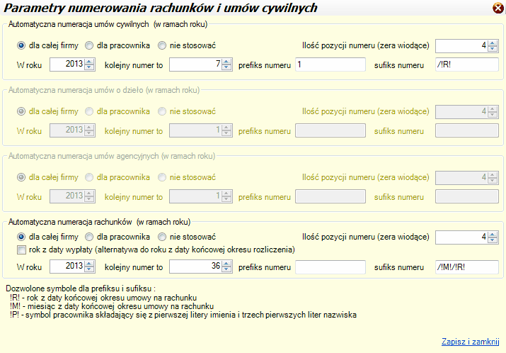 Ustawienia programu/Ogólne parametry kadrowe / Rachunki i Umowy cywilne - numeracja.