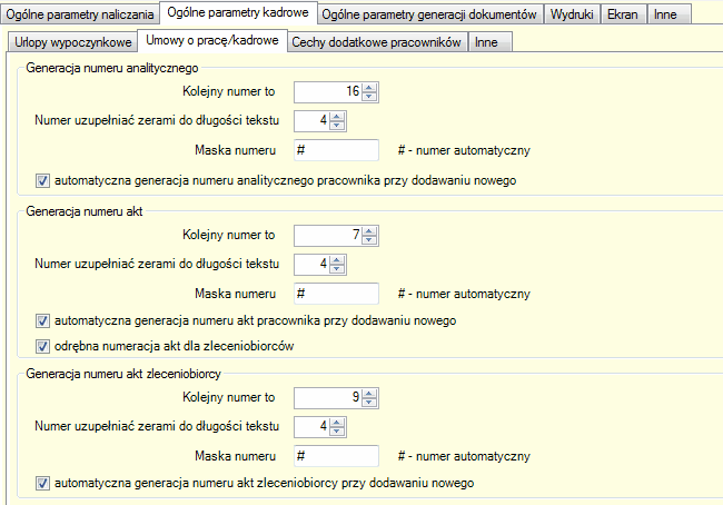 Ustawienia programu/ Ogólne parametry kadrowe/ Umowa o pracę / kadrowe