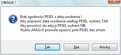 okno dialogowe - brak zgodności PESEL z datą urodzenia