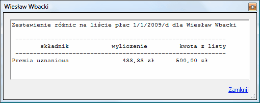 Okno info - zestawienie różnic w naliczeniu.