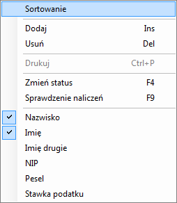 Pasek menu pomocniczego - lista płac