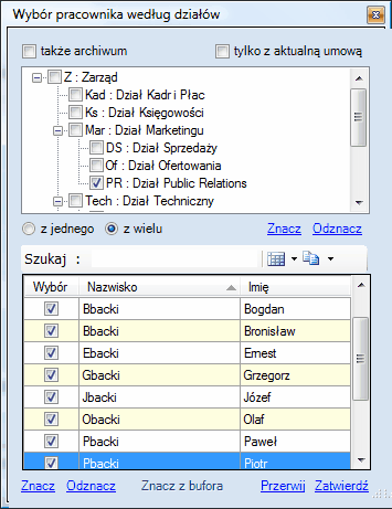 Okno wyboru pracownika według działu