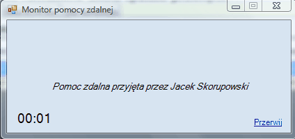 Okno informujące o trwaniu sesji pomocy zdalnej konsultanta.