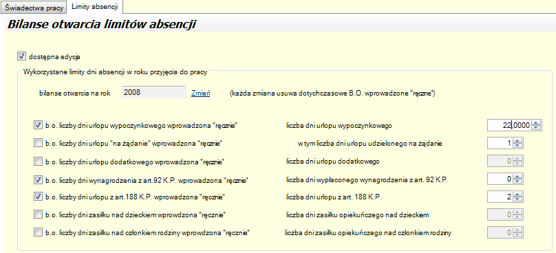 Poprzednie świadectwo pracy - zakładka "Limity absencji"