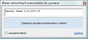 Okno info - niemożność skasowania pracowników z naliczeniami.