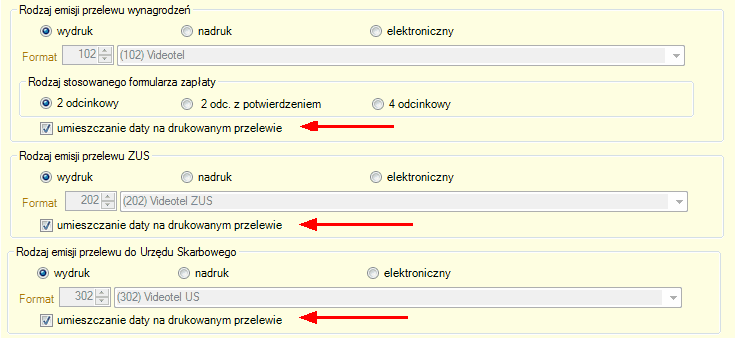 Parametry emisji - ustalenie rodzaju emisji przelewu dla: wynagodzeń, ZUS, US.