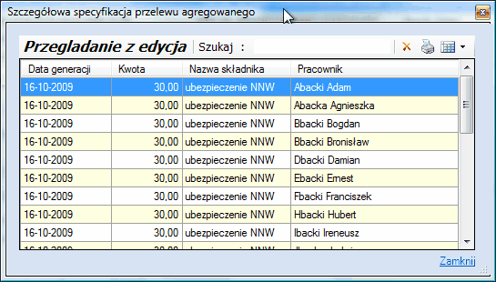 Okno szczegółowej specyfikacji danego przelewu agregowanego.