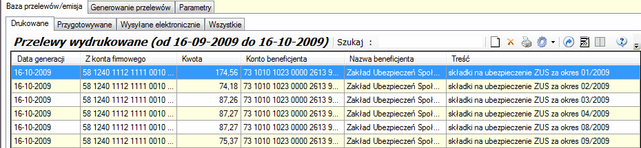 Tabela przelewów drukowanych.