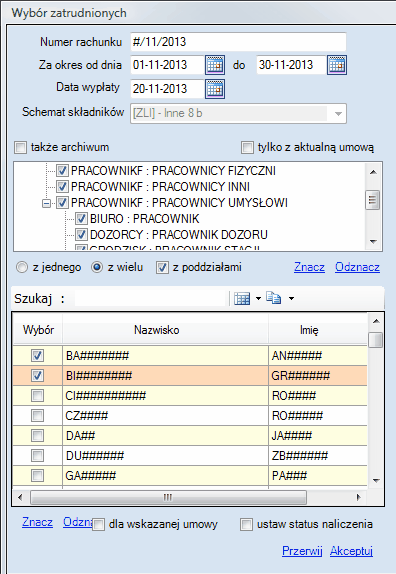 rachunki za okres - wybór pracowników