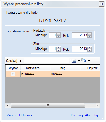 Listy rachunków - okno dialogowe tworzenia listy STORNO