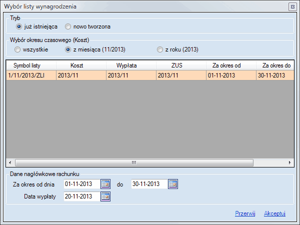Rachunek za okres - istniejąca lista wynagrodzeń