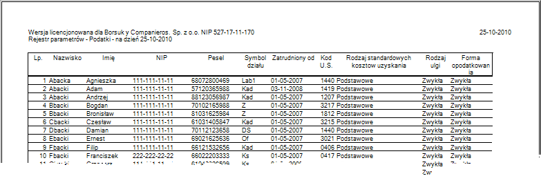 Rejestr danych podatkowych - podgląd wydruku.