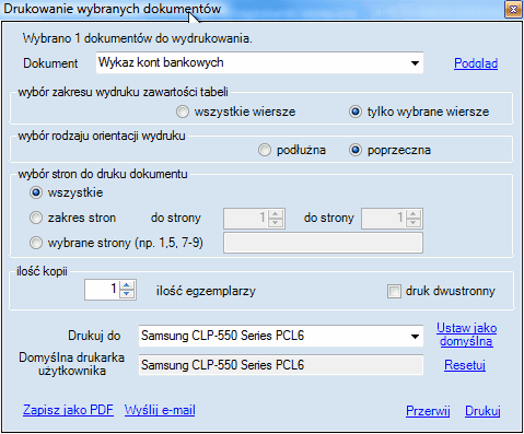 Okno przygotowania wydruku rejestru kont bankowych
