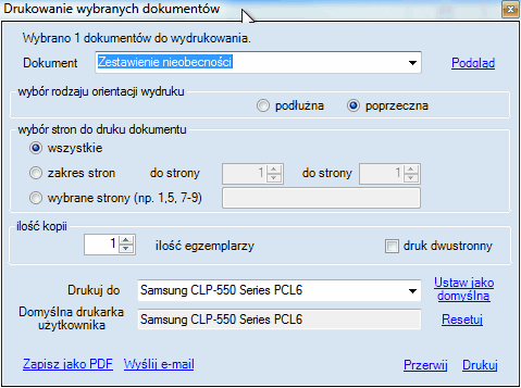 Okno drukowania wybranych dokumentów.