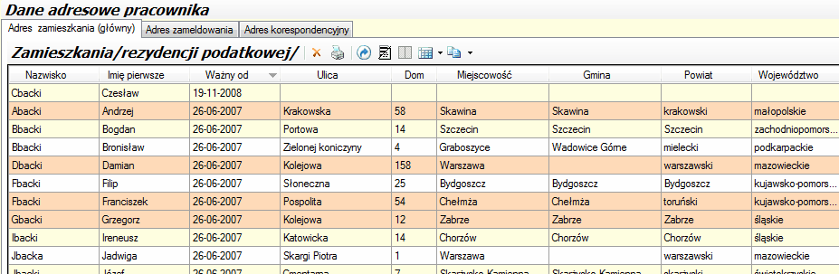 Zaznaczone w tabeli docelowej rekordy osób po użyciu funkcji "wklej ze schowka".