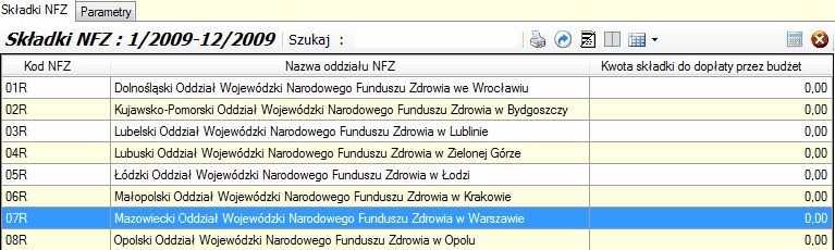 Składki NFZ - okno główne